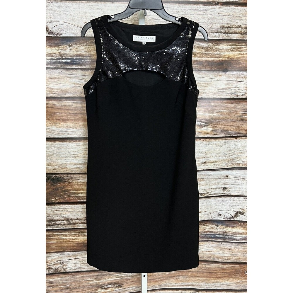 Trina Turk Black Sheath Dress Sequin Accent Party Holiday Cocktail Size 6